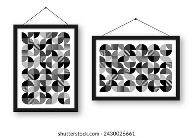 Picture frame with geometric trendy pattern. Modern background, simple elements. Retro texture, basic geometric shapes. Print design, minimalist poster cover. Vector illustration