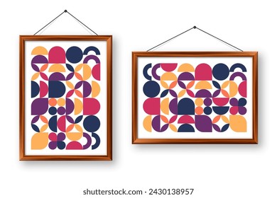 Picture frame with geometric trendy pattern. Modern background, simple elements. Retro texture, basic geometric shapes. Print design, minimalist poster cover. Vector illustration