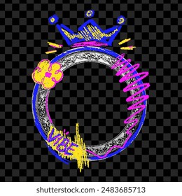 Picture frame with halftone effect and crayon of naive doodles in the shape of a crown, flower. Vector illustration of a carved round frame in retro collage style.