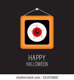 Picture frame hanging on the wall Red eyeball with bloody streaks. Happy Halloween card. Black background Flat design. Vector illustration
