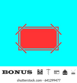 Picture frame icon flat. Red pictogram on blue background. Vector illustration symbol and bonus buttons Music center, corkscrew, credit card, house, drum