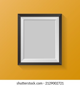 Picture frame isolated on yellow wall. Realistic square empty photo frame.