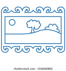 Picture in a frame, landscape with the sun, a tree and a bush, blue vector icon or clip art