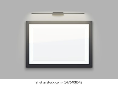 Picture frame with light. Gallery Interior Mockup. Horizontal Rectangle Black frame with spotlight for photography image and painting. Poster Closeup view. Editable Vector Illustration.