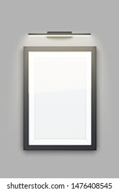 Picture frame with light. Gallery Interior Mockup. Vertical Rectangle Black frame with spotlight for photography image and painting. Poster Closeup view. Editable Vector Illustration.