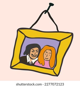 picture in a frame with a man and a woman in a cartoon primitive style.couple in the photo. a man with a mustache, a blonde woman in pink. a picture in a gold frame hanging on a nail in vector. 