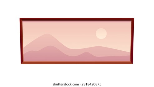 Imagen en cuadro con un paisaje de montaña aislado en blanco. Ilustración vectorial de la decoración al estilo de las caricaturas. 