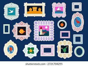 Picture frame. Old border. Retro frame for mirror. Frameworks for photography. Shape of floral pattern. Vintage photo decoration. Golden dividing line. Vector tidy doodle isolated illustration set