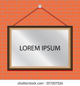 Picture frame on brick wall template. Blank empty, photo image, gallery on stonewall. Vector art abstract unusual fashion illustration