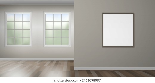 marco de imagen en la pared maqueta de interior clásico habitación vacía con dos ventanas Ilustración vectorial
