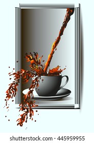 a picture in a frame on which a cup of coffee is being filled