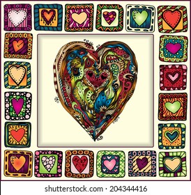 Picture Frame with original hand-drawn hearts in doodle frames, patchwork style, copy space for baby books, albums, scrapbooks. EPS10 organized in groups for easy editing.