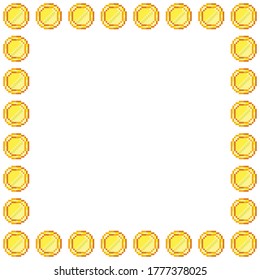 Picture frame. Pattern gold heap pixel art. Vector pixel art. A lot of gold. Gold medal.