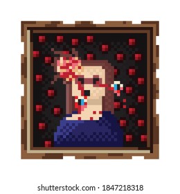 Imagen de píxel de marco de imagen. Imagen vectorial. Viejo marco de madera. Dolor y sufrimiento. Mujeres con cáncer. Feliz Halloween.