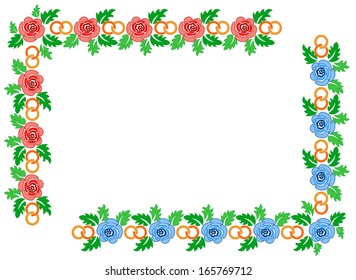 picture frame plant consisting of wedding rings and roses.