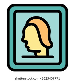 Picture frame with a portrait of a young woman with short hair, minimalist icon
