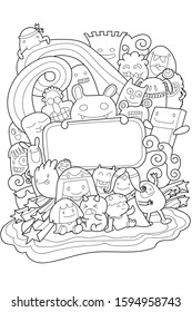 Picture frame surrounded by monsters, hand drawn, doodle style. Vector illustration.Design template for card, poster, cover, diary, invitation. Background for celebrations, holidays.