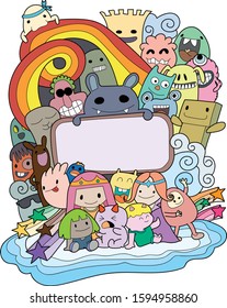 Picture frame surrounded by monsters, hand drawn, doodle style. Vector illustration.Design template for card, poster, cover, diary, invitation. Background for celebrations, holidays.