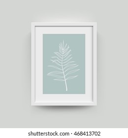 Picture Frame With Tropical Palm Leaf Photograph. Vector Realisitc Paper Plastic White Picture-framing Mat With Wide Borders Shadow. Isolated Picture Frame A3, A4 Vertical Mockup Template On Gray