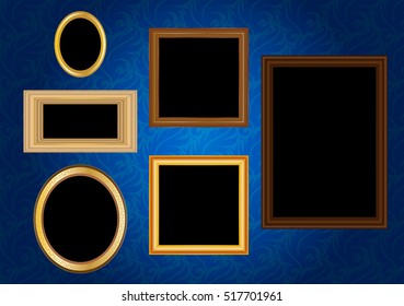 Picture frame vector, antique vintage wooden frames with golden ornaments, on a vintage wall.