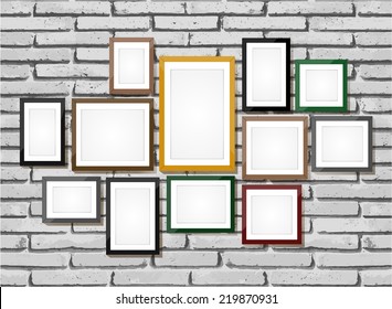 Picture frame vector. Photo art gallery on brick wall 