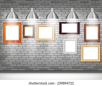 Picture frame vector. Photo art gallery on gray wall in the light