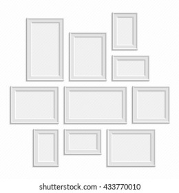 Picture frame vector. Photo art gallery on vintage wall. Set of a vector framework in realistic style. Blank picture frame template set isolated on vintage wall. Traditional realistic frames set.   