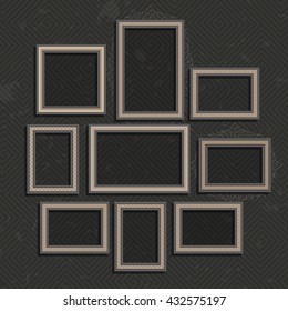 Picture frame vector.Photo art gallery on vintage wall. Set of a vector framework in realistic style. Wooden Frame for Photo or Pictures, isolated on dark, stylized a vintage background. Old frame set