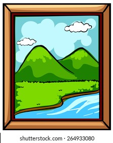 Picture frame with view of river and mountains