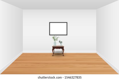 picture frame with wooden table in the white room