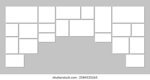 Picture frames collage for photo gallery or room wall. Template with 21 empty square and rectangle frames for photos, pictures and images in in art gallery or museum, vector illustration