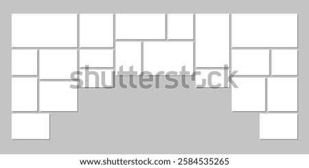 Picture frames collage for photo gallery or room wall. Template with 21 empty square and rectangle frames for photos, pictures and images in in art gallery or museum, vector illustration