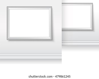 Picture frames in gallery. Museum walls vector illustration. Simple photoframes mock up. Empty simple vector frames for illustrations, drawings, posters or photos.