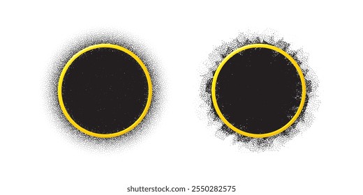 Picture frames with grain noise pattern. Special offer empty labels. Round banners with golden border. Grain noise dotted pattern. Circle frame badge, tag and label for text. Vector