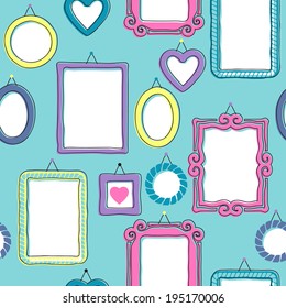 Picture frames hanging on the wall seamless pattern - green background.