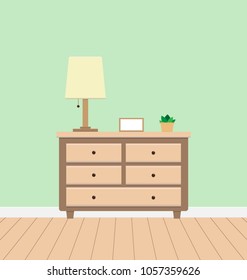 Picture frames, lamps and pots on the drawer cabinet .Interior Flat Design