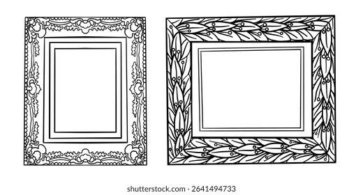 Picture frames line set in hand drawn style. Sketch style highly detailed rectangular outline frames. Vintage retro wall decoration. Victorian vector illustrations isolated on white background.