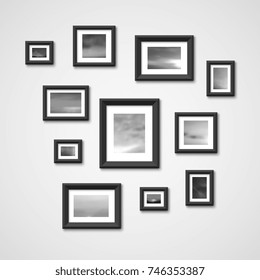 Picture frames with nature photos on wall. Interior design vector illustration. Photo picture gallery for interior