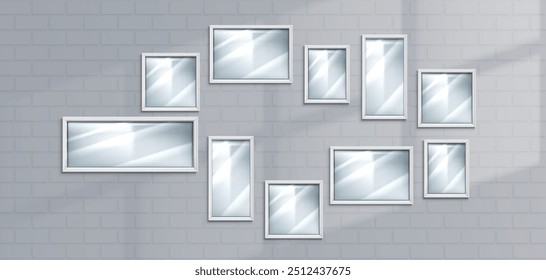 Picture frames on white brick wall. Vector realistic illustration set of square and rectangular simple borders for photo, artwork, certificate, home or office interior design elements, window shadow