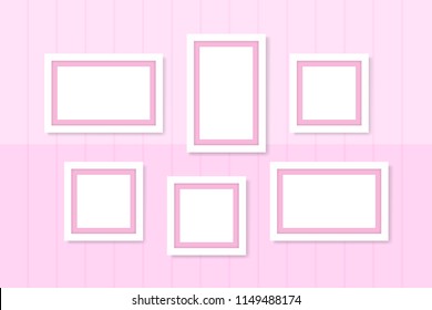 picture frames white template on wall pink pastel, frame cute for family love picture, set of vintage frames picture chic luxury on pastel pink wall, picture frames for photo art gallery show (vector)