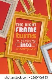 Picture framing banner, poster vector illustration. Buying fillets in shop or store. Vintage gold and white frames for mirrors, paintings. Right frame turnes drawing into masterpiece.