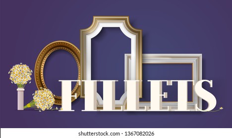 Picture framing banner, poster vector illustration. Online shopping. Buying fillets in shop or store. Vintage gold and white frames for mirrors, paintings. Bouquet of flowers.