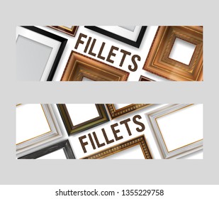 Picture framing banners set for flyers vector illustration. Online shopping. Buying fillets in shop or store. Vintage gold, white, black wooden frames for mirrors, paintings.