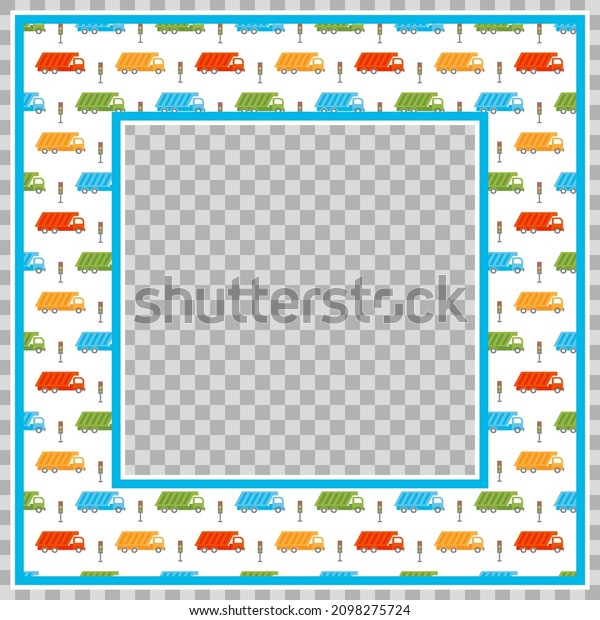 Picture framing for boys. Wide square frame\
decorated with nice baby seamless pattern with multi-colored dump\
trucks on white background. Element for design of invitation cards\
for childrens\
birthday.