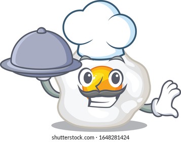 A picture of fried egg as a Chef serving food on tray