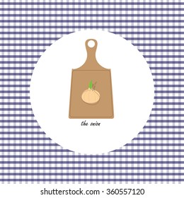 Picture of fruit and vegetables on the cutting board. The onion.