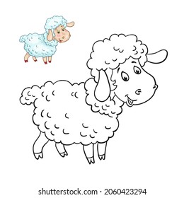 Picture of a funny black and white little sheep with a colorful example. For coloring book. In cartoon style. Isolated on white background. Vector illustration.