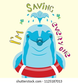 Picture of a funny dolphin with a life buoy. Sticker for children. Vector illustration for print on children's t-shirts
