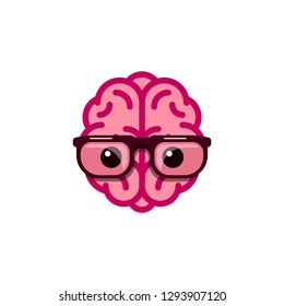 Picture of funny human brain character with glasses. Flat style illustration. Brain power, creativity, intelligence concept.