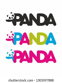 Picture with a funny panda. Set of multicolored vector logos with panda. Logo for shop, cafe, art space, school, kindergarten, web. Children's illustration.